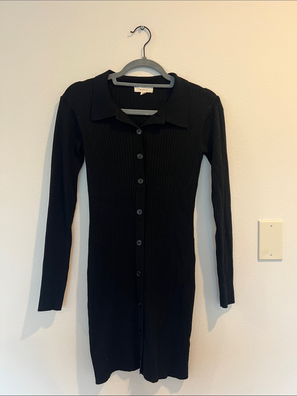Black Ribbed Button-Front Long Sleeve Dress with Collar